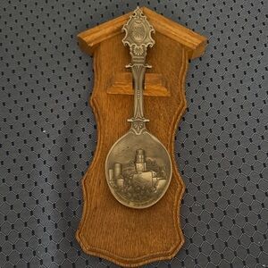 Pewter Zinn Spoon 1984  Heidelberg Germany On A Oak Hanging Board